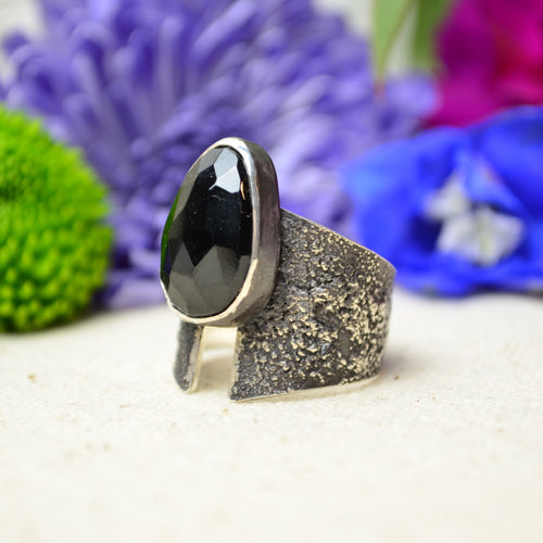 Black Tourmaline Textured Wide Band Ring (Size 9 1/4)