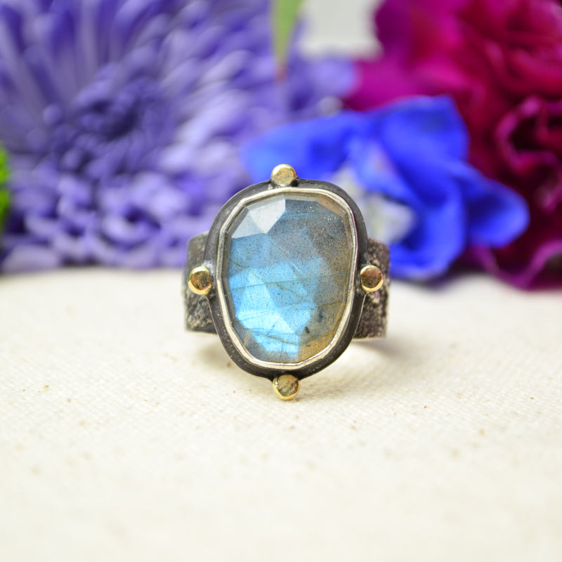 Labradorite Textured Wide Band Ring w/ 14K Accents (Size 9 1/2)