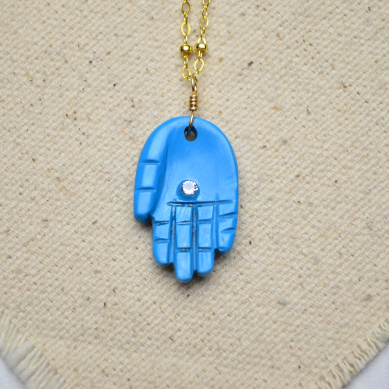 LMTD: Carved "Turquoise" Hand Necklace w/ CZ Accent in 14K Gold Fill